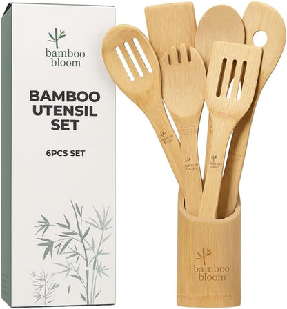 6 Piece Kitchen Utensils Set - Bamboo Cooking Utensils with Comfort Grip, Including Utensil Holder, Bamboo Spoons, Shovels & Spatulas | Wooden Utensil Set for Non-Stick Pans, Kitchen Essentials1