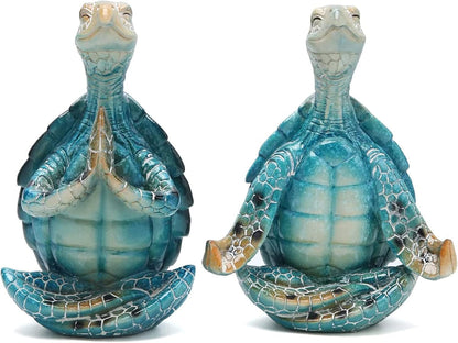 Meditating Sea Turtle Statues Yoga Zen 2Pcs Resin Beach Home Decor1
