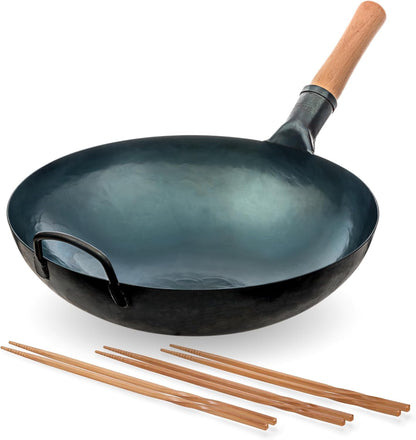 Blue round Bottom Wok Pan – 14" Woks and Stir Fry Pans + Reusable Natural Wooden Long Cooking Chopsticks Set of 3 Pairs: 11.8 Inch, 13-Inch, 14.2 Inch1