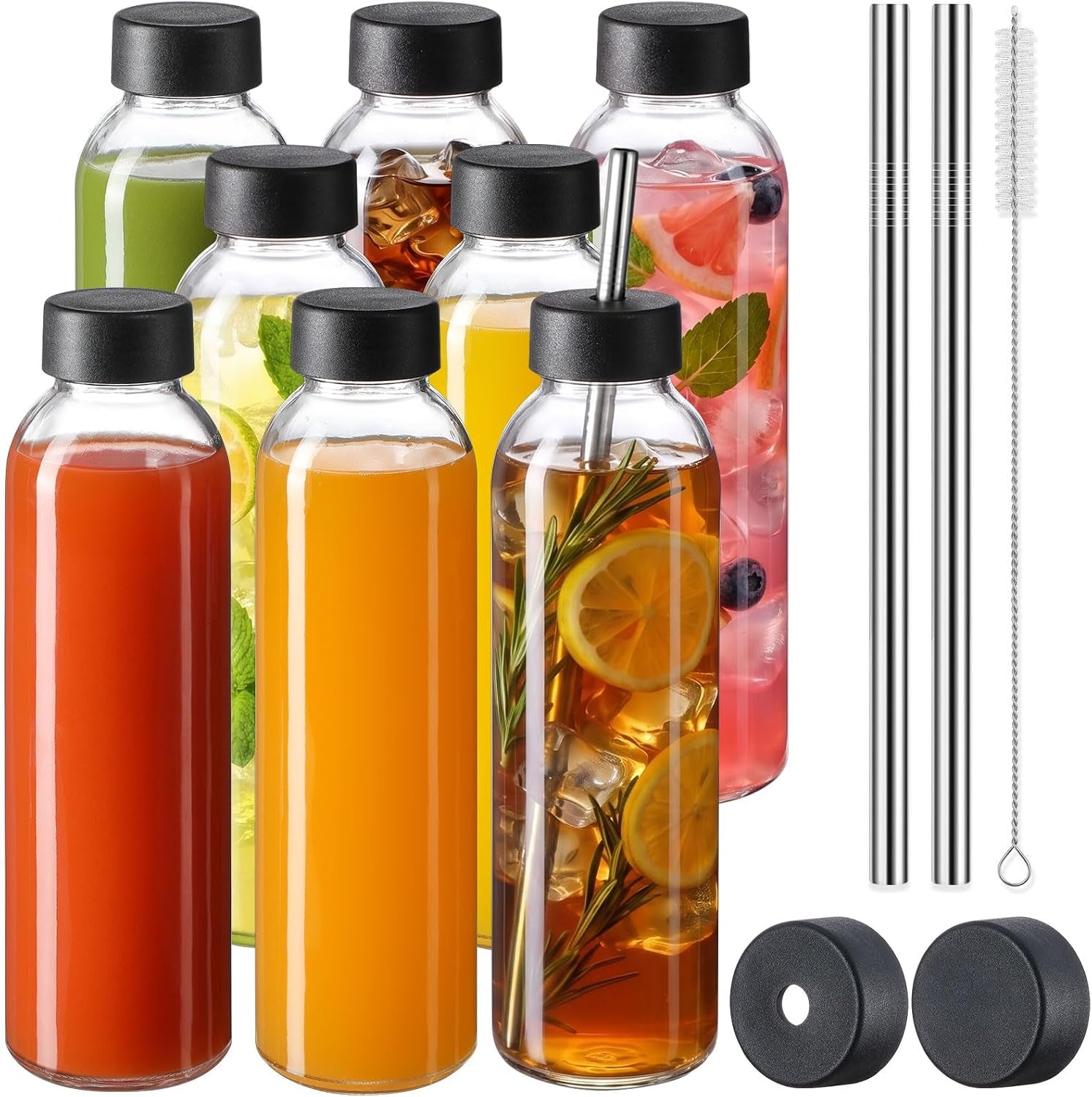 upgraded-lid-8-pack-18-oz-glass-juice-bottles-with-8-airtight-lids-2-straw-hole-lids-2-straws-reusable-drinking-jar-clear-water-bottles-for-juicing-smoothies-refrigerator-travel-bpa-free