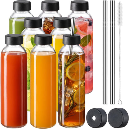 [UPGRADED LID] 8 Pack 18 Oz Glass Juice Bottles with 8 Airtight Lids &2 Straw Hole Lids &2 Straws, Reusable Drinking Jar, Clear Water Bottles for Juicing, Smoothies, Refrigerator & Travel - BPA Free1