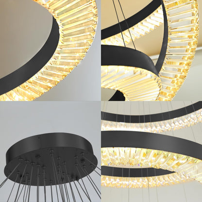 Large 5 Ring Chandelier Modern Dimmable Led Ring Chandeliers for Living Room Dining Room Height Adjustable Black round Crystal Pendant Lighting MAX D48In6