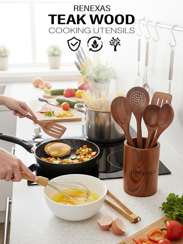 Kitchen Utensils Set, 9 Piece Teak Wooden Utensil Set for Cooking, Premium Teak Cooking Utensils, Non Toxic Wooden Spoons & Spatulas, Heat Resistant Kitchen Tools for Nonstick Cookware2