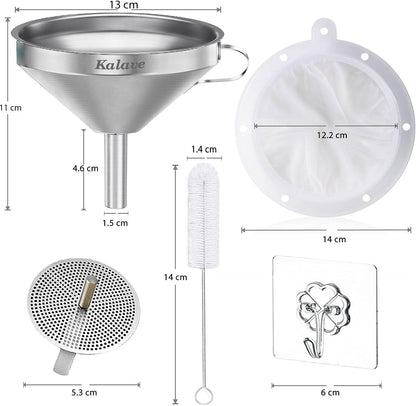 Premium Stainless Steel Funnel, 5 Inch Food Grade Kitchen Funnels with 200 Mesh Food Filter Strainer for Filling Bottles, Oils, Juice, Wine, Coffee, Milk2