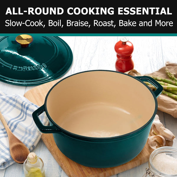Mueller Duracast 6 Quart Enameled Cast Iron Dutch Oven Pot with Lid | Sourdough Bread Baking, Pfoa-Free, 500°F Oven Safe - All Cooktops Incl. Induction, Braising & Slow Cooking, Emerald7