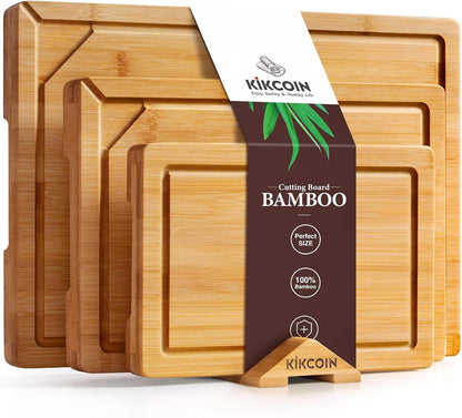 3+1 Piece Self-Draining Bamboo Cutting Boards, Wooden Cutting Boards for Charcuterie, Vegetables, Cheese, Bread, Extra Large Chopping Boards with Deep Juice Groove and Handle, Natural1