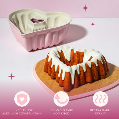 Heart Shaped Fluted Cake Pan, Cast Aluminum with Clean Ceramic Nonstick Bakeware Fluted Tube Pan, Dishwasher Safe, Made without PFAS, PFOA, PFOS & PFTE, 9-Inch, Pink7