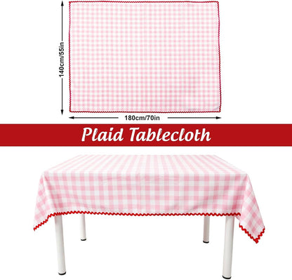 Plaid Tablecloth with Rick Rack Pink Gingham Scalloped Table Cloth Checkered Waterproof Rectangle Table Cover for Spring Picnic Party Home Kitchen Decoration, 55 X 70 Inch2