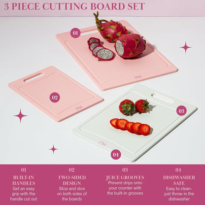 Cutting Boards for Kitchen, Reversible Dual Sided Plastic Cutting Board Set with Juice Grooves, Easy Grip Handle, Heavy Duty and Made without BPA, Dishwasher Safe, 3-Piece, Pink and Cream3