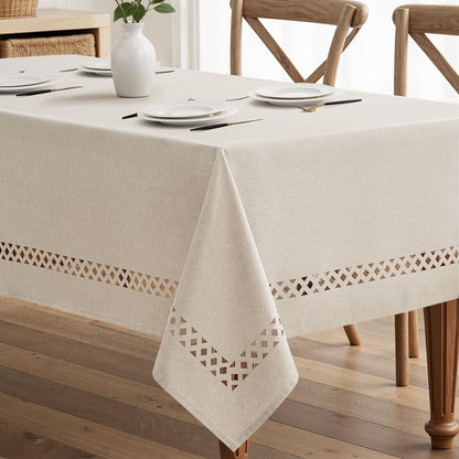 Beige Rectangle Tablecloth with Decorative Cutouts 52X70 Inch | Waterproof Stain Resistant & Shrink-Proof Table Cloth, Farmhouse Style, for Dining Wedding Kitchen Party Outdoor1