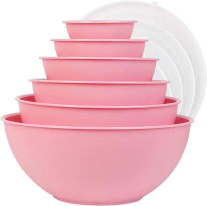 BPA Free Plastic round Mixing Bowl with Lids, 12 Pack Nesting Bowls with Lids Set, Microwave and Dishwasher Safe Prep & Serving Bowls Great for Mixing, Baking, Serving (Pink, 12Pcs)1