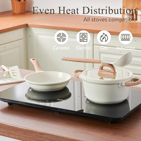 22 Pcs Cream Titanium Nonstick Pots & Pans, Induction & Gas | Ultra-Durable Titanium Nonstick Coating, Warm Cream Aesthetic, Heat-Resistant Wood Handles, Suitable for All Stove Induction5