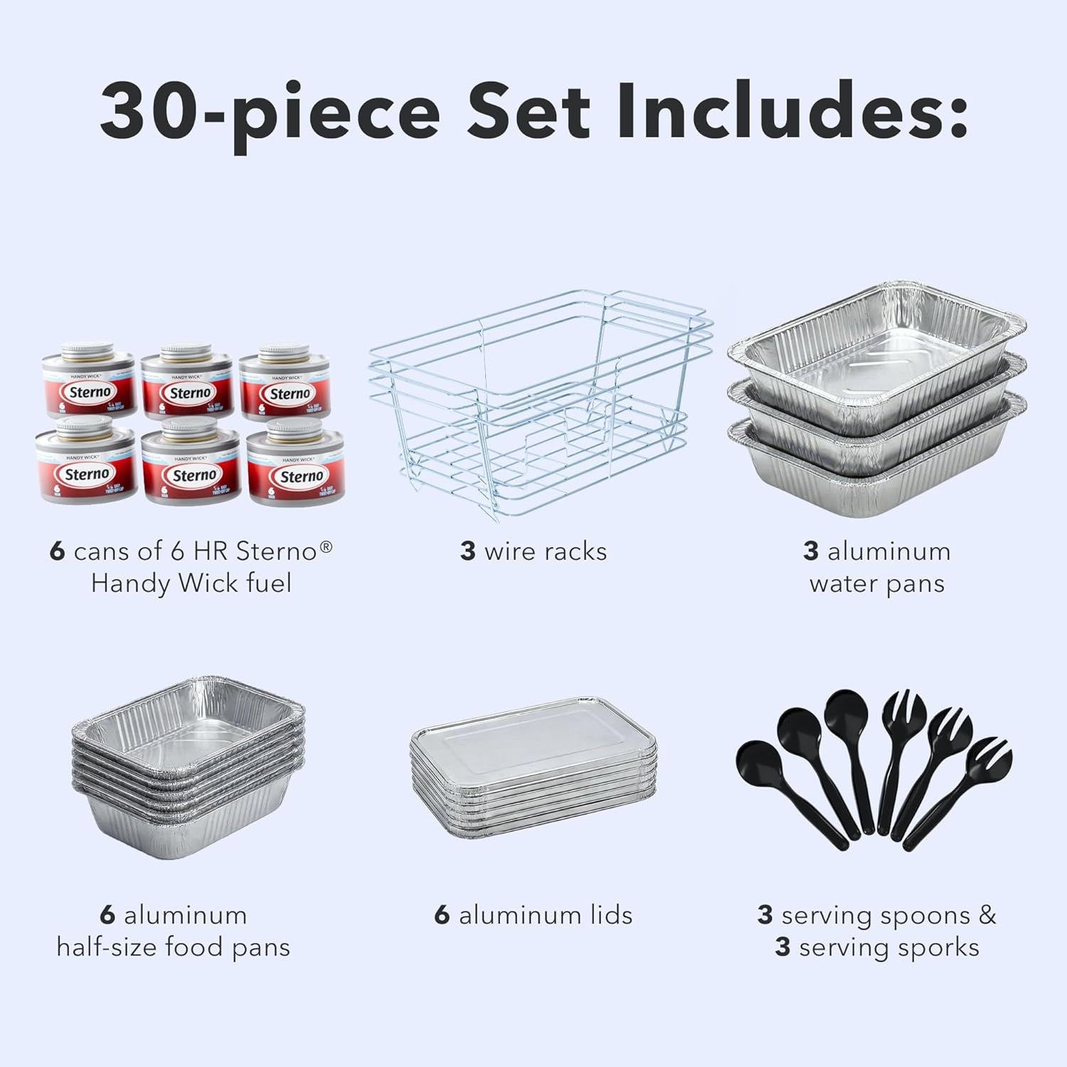 disposable-chafing-dish-buffet-set-with-6-hour-fuel-30-piece-3-full-size-buffet-setups-with-6-fuel-cans-3-water-pans-6-half-size-food-pans-6-lids-3-wire-racks-and-serving-utensils