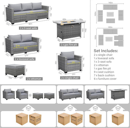 7-Piece Outdoor Furniture Sets Patio Furniture Set with 45-Inch Fire Pit Patio Couch Outdoor Chairs 60000 BTU Propane Fire Pit Table with Non-Slip Cushions Waterproof Covers, Light Grey8