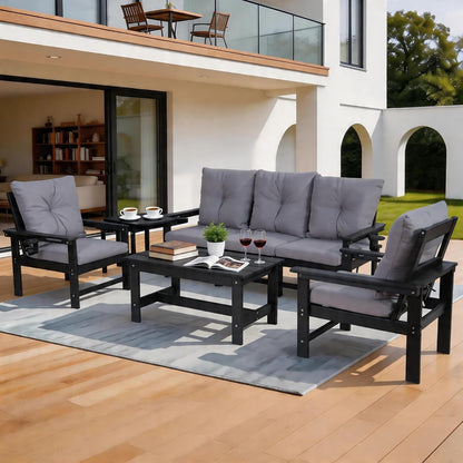 7-Piece HDPE Patio Conversation Set W/ 4 Cup Holders, All-Weather Outdoor Sectional Furniture, Thick Washable Cushions, Coffee Table & Side Table for Backyard Porch Poolside, Black1