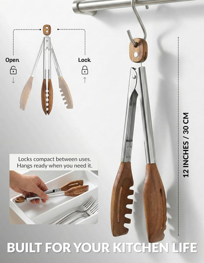 3-In-1 Kitchen Tongs & Pasta Server – 12 Inch Walnut Multifunction Tongs with Slotted Forked & Flat Tips for Pasta, Salad, Cooking and More – Elegant, Heat-Resistant Food Tongs for Home Cooks & Chefs7