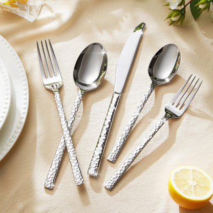 20 Piece Hammered Silverware Set, 18/10 Stainless Steel Flatware Set for 4 |  Mirror Polished Knives Forks Spoons Utensils, Cutlery Set for Home, Party, Wedding, Housewarming, Dishwasher Safe7
