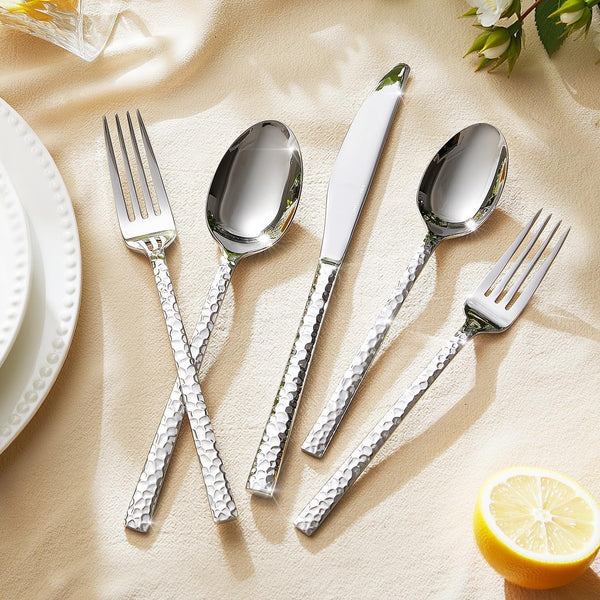 20 Piece Hammered Silverware Set, 18/10 Stainless Steel Flatware Set for 4 |  Mirror Polished Knives Forks Spoons Utensils, Cutlery Set for Home, Party, Wedding, Housewarming, Dishwasher Safe7