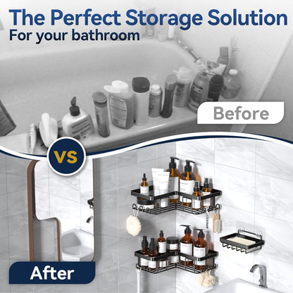 Corner Adhesive Shower Caddy, with Soap Holder and 12 Hooks, Rustproof Stainless Steel Bathroom Organizer, No Drilling Wall Mounted Rack, Black, 3-Pack8