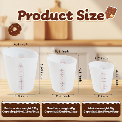 Food-Grade Silicone Measuring Cups for Melting Chocolate, 3Pcs BPA Free Silicone Baking Measuring Cups with 1/2Cup/1Cup/2Cup Capacity, Reusable Silicone Cups for DIY Chocolate Mold2