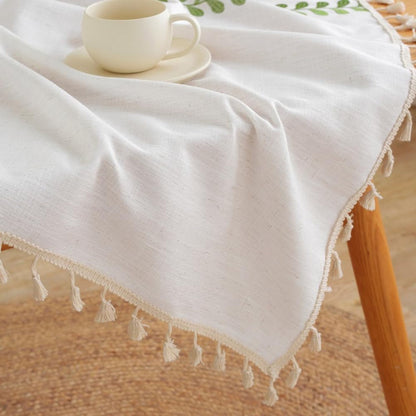 Rectangular Tablecloth, Embroidery Leaf Pattern Table Cloth Wrinkle Free Heavy Weight Cotton Linen Farmhouse Tablecloth Tassel Fabric Table Cover for Dining, Kitchen, Buffet7