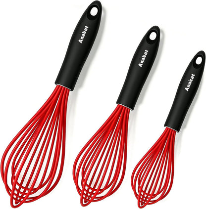 Silicone Whisk, Thick Stainless Steel Wire Inner - Heat Resistant Kitchen Whisks for Non-Stick Cookware, Balloon Egg Beater for Whisking, Blending, Beating, Frothing & Stirring (Red)1