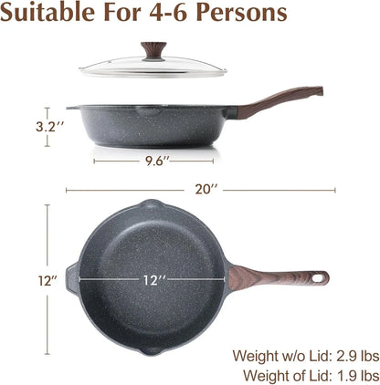 Nonstick Deep Frying Pan Skillet, 12-Inch Saute Pan with Lid, Stay-Cool Handle, Chef Pan Healthy Stone Cookware Cooking Pan, Induction Compatible, PFOA Free6