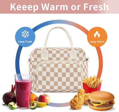 Lunch Bag Women Lunch Box for Women Adult Cute Insulated Lunch Bag Lager Cooler Lunch Tote Bags for Work Picnic (Beige-Brown Plaid)4