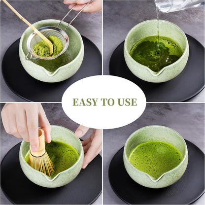 Matcha Whisk Set with Bowl, Ceramic Matcha Making Kit Includes Bamboo Whisk (Chasen), Holder Stand, Powder Starter Sifter, Scoop, Measuring Spoon & Cup Tea Tools for Ceremony (Mottled Green)4