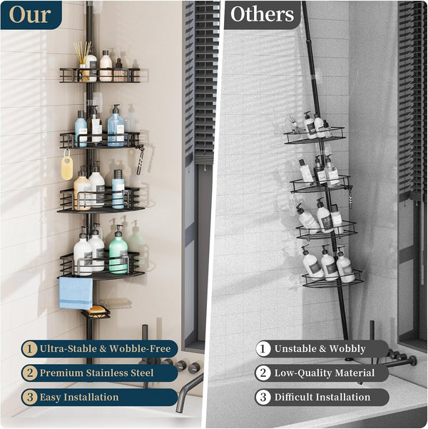 Corner Shower Caddy Tension Pole - Rustproof Shower Shelves with Towel Bar & Soap Holder, Adjustable Bath Organizer for Bathroom Storage, 27.6-108.3 Inch, Black2