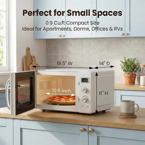 Retro Countertop Microwave Oven,  Compact Microwave Oven 0.9 Cu.Ft. W/Child Lock, 5 Micro Power, Defrost & 8 Auto-Cooking, LED Display, Easy Clean Interior, White, 900 W3