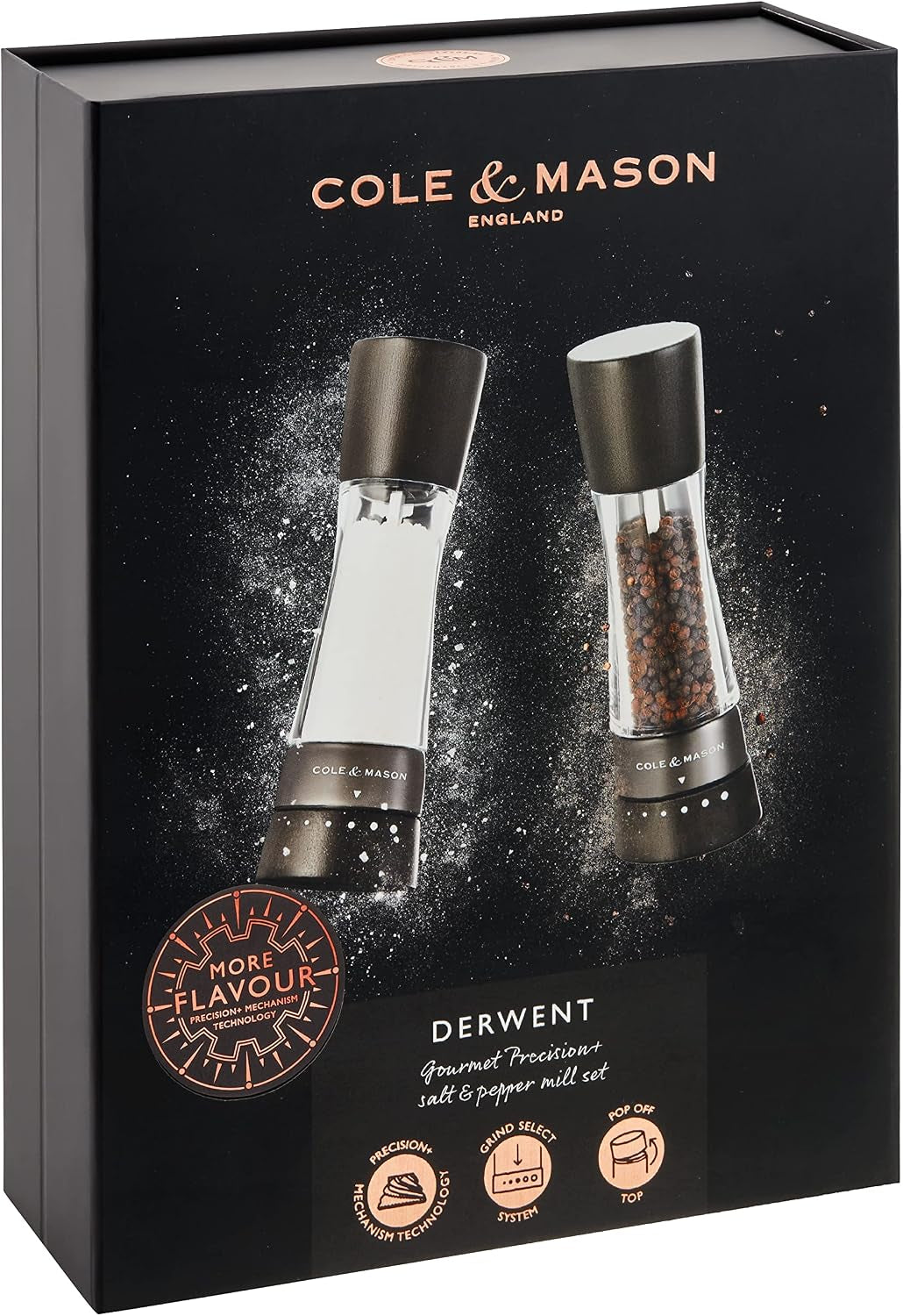 cole-mason-h332293-derwent-black-wood-salt-and-pepper-mills-gourmet-precision-adjustable-grind-stained-beech-acrylic-190-mm-gift-set-includes-1-salt-and-1-pepper-grinders-with-9-precise-grinding-levels-for-fine-or-coarse-granules-easy-to-refill-gourmet-precision-grinders-for-fresh-spices