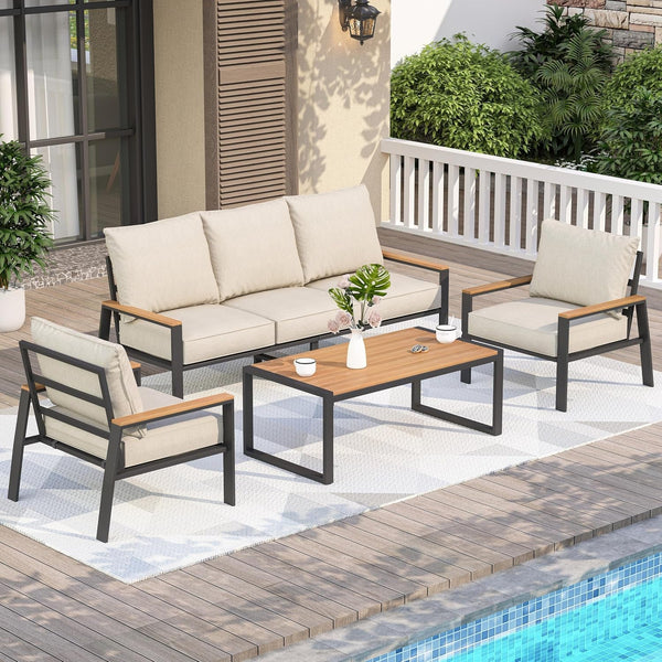 4 Pieces Metal Patio Furniture Set for Outdoor Balcony,Beige1