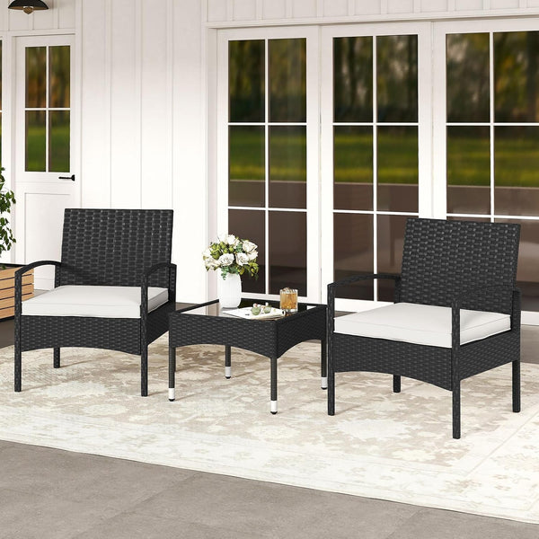 3-Piece Patio Furniture Set, Rattan Bistro Chairs with Soft Cushions, Tempered Glass Top Coffee Table, Outdoor Wicker Conversation Set for Porch Balcony Backyard Poolside (Beige)2