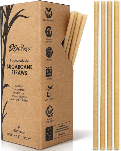 Biodegradable Sugarcane Disposable Straws, Plastic-Free, 150 Count | 100% Compostable, Eco-Friendly Drinking Straw | 7.8” Natural Sugar Fiber Straws, Smoothie Straw for Home, Restaurant, Parties1