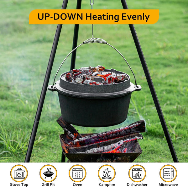 10 QT Pre-Seasoned Cast Iron Camping Dutch Oven Pot with Lid | Comes with Metal Handles, Lid Lifter,Stand Support,Use in Oven, on Stove,Grill,Or over Campfire,Capacity for 4-8 People4