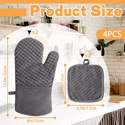 4 Pcs Oven Mitts and Pot Holders,High Heat 500°F Resistant Glove Potholder with Thick Cotton,Silicone Non-Slip Surface Long Kitchen Oven Glove for Cooking Baking Grilling(Grey)2