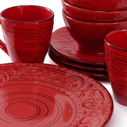 Malibu Ocean Bloom 16-Piece Stoneware Embossed Pattern Reactive Glaze Red Dinnerware Set, Tableware, Serveware Set (Ocean Bloom Red)6