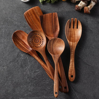 6-Piece Natural Teak Wooden Utensils Set, Wooden Spoons Set for Cooking - Heat Resistant, Natural Healthy Spatula Set with Hanging Holes - Durable, Scratch-Free & Handcrafted3