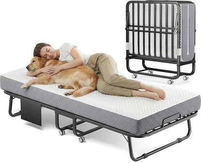Folding Bed with Memory Foam Mattress, Portable Rollaway Guest Beds on Wheels, 75"X38" Twin Size Space-Saving Cot-Size Bed for Adults with Easy Assembly Metal Frame (White)1