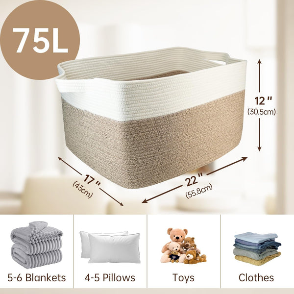 75L Large Basket 22" X 17" X 12",Large Blanket Basket with Handle,Woven Cotton Rope Baskets for Storage,Storage Baskets for Organizing3