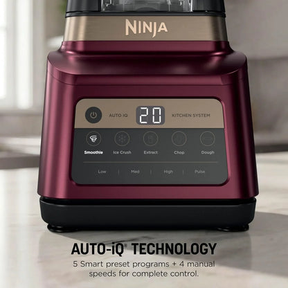 Close-up of a burgundy Ninja Auto-IQ blender control panel with digital display.6