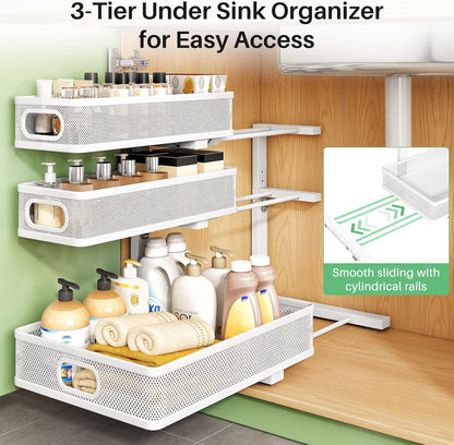 under Sink Organizer, 2-Pack 3-Tier Height Adjustable Thickened Metal Pull Out Cabinet Organizer Shelf, Slide Out Storage Drawer Rack for Bathroom Kitchen Pantry Home Laundry Organization7