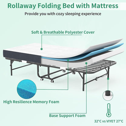Folding Bed with Mattress,5-Inch Memory Foam Foldable Bed for Adults,500Lbs Capacity Rollaway Bed with Storage Cover and Sturdy Metal Frame,Space Saving Portable Guest Bed,75"*37.4"4