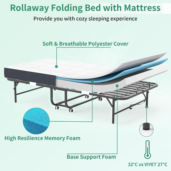 Folding Bed with Mattress,5-Inch Memory Foam Foldable Bed for Adults,500Lbs Capacity Rollaway Bed with Storage Cover and Sturdy Metal Frame,Space Saving Portable Guest Bed,75"*37.4"4