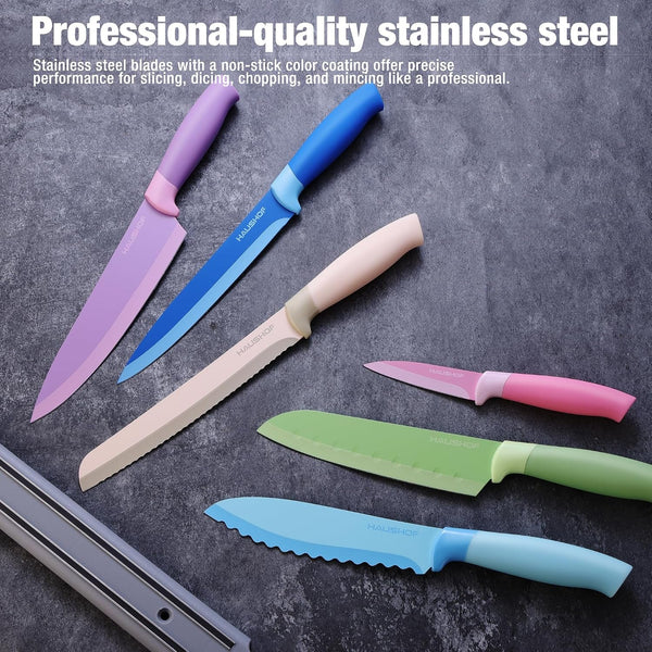 6PCS Colorful Kitchen Knife Set with Magnetic Knife Strip for Wall | Knives Set for Kitchen, Non-Stick Coated Stainless Steel Blades for Slicing, Dicing, Magnetic Knife Holder for Storage3