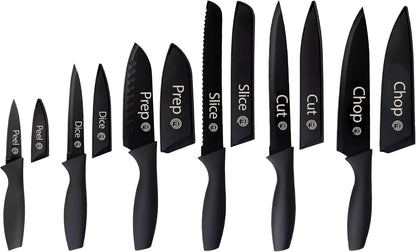 Masterchef Kitchen Knife Set with Covers, 6 Professional Chef Knives for Home Kitchens, Extra Sharp Cutting Stainless Steel Blades & Protective Sheaths, Soft-Touch Easy-Grip Handles, Essential Black1