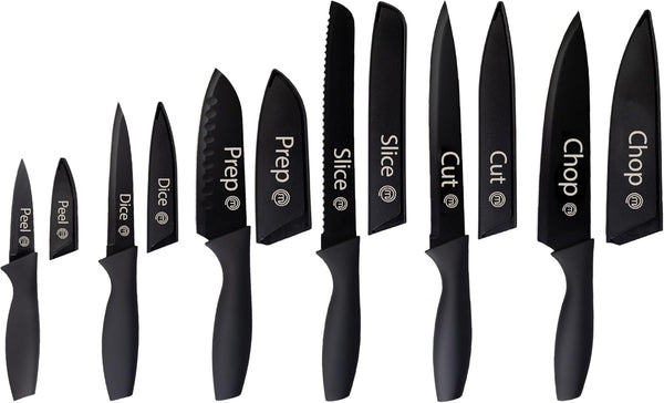 Masterchef Kitchen Knife Set with Covers, 6 Professional Chef Knives for Home Kitchens, Extra Sharp Cutting Stainless Steel Blades & Protective Sheaths, Soft-Touch Easy-Grip Handles, Essential Black1