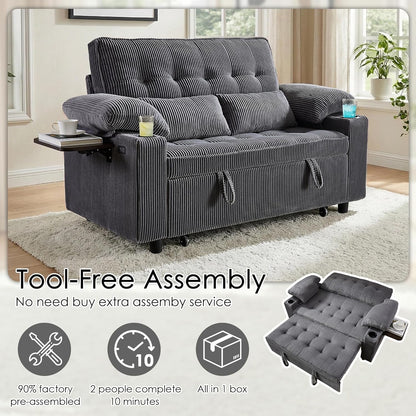 58In Sleeper Sofa Bed, Convertible Pull Out Couch Bed Full Size Corduroy Fabric Loveseat for Living Room, Apartment, Office(Darkgrey)8