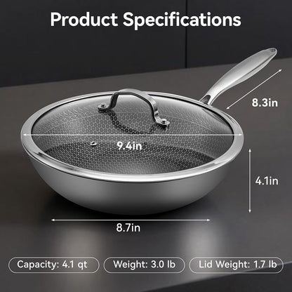 12.2 Inch Stainless Steel Honeycomb Wok Pan with Glass Lid, 3-Ply 18/10 Stainless Steel Stir Fry Pan, Flat Bottom Wok for Induction, Gas, Electric and Glass Stoves, 4.2 QT8
